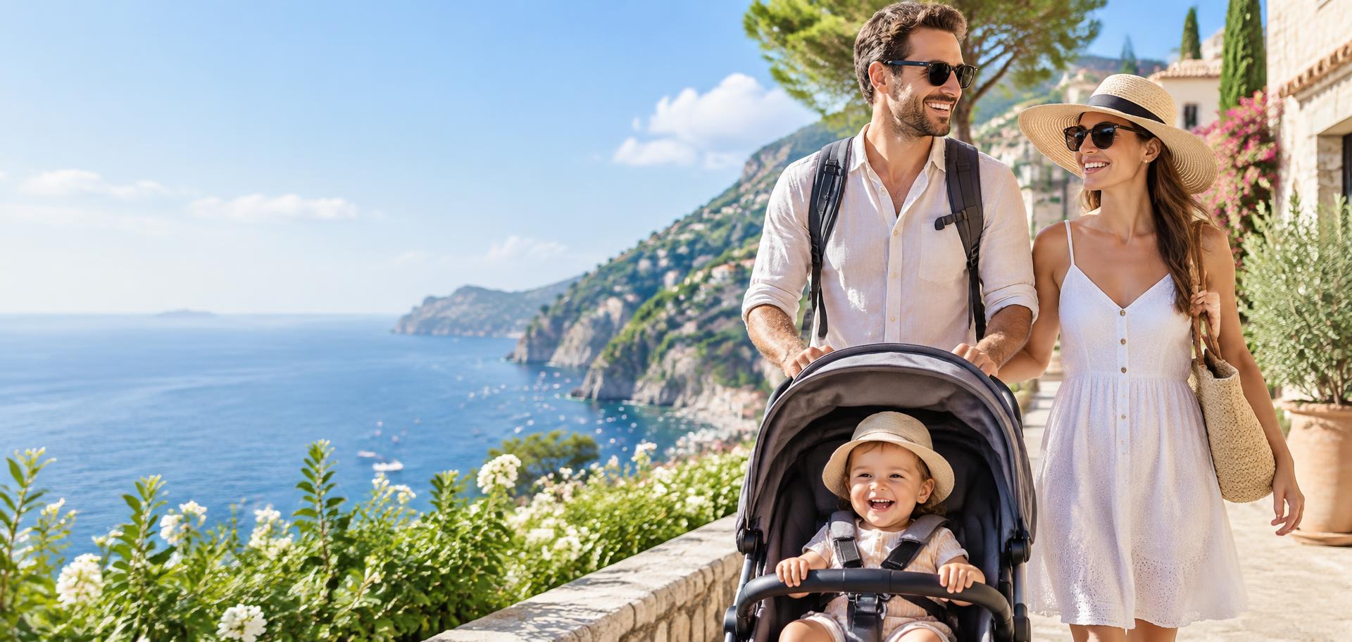 Family walking with a stroller at a seaside destination